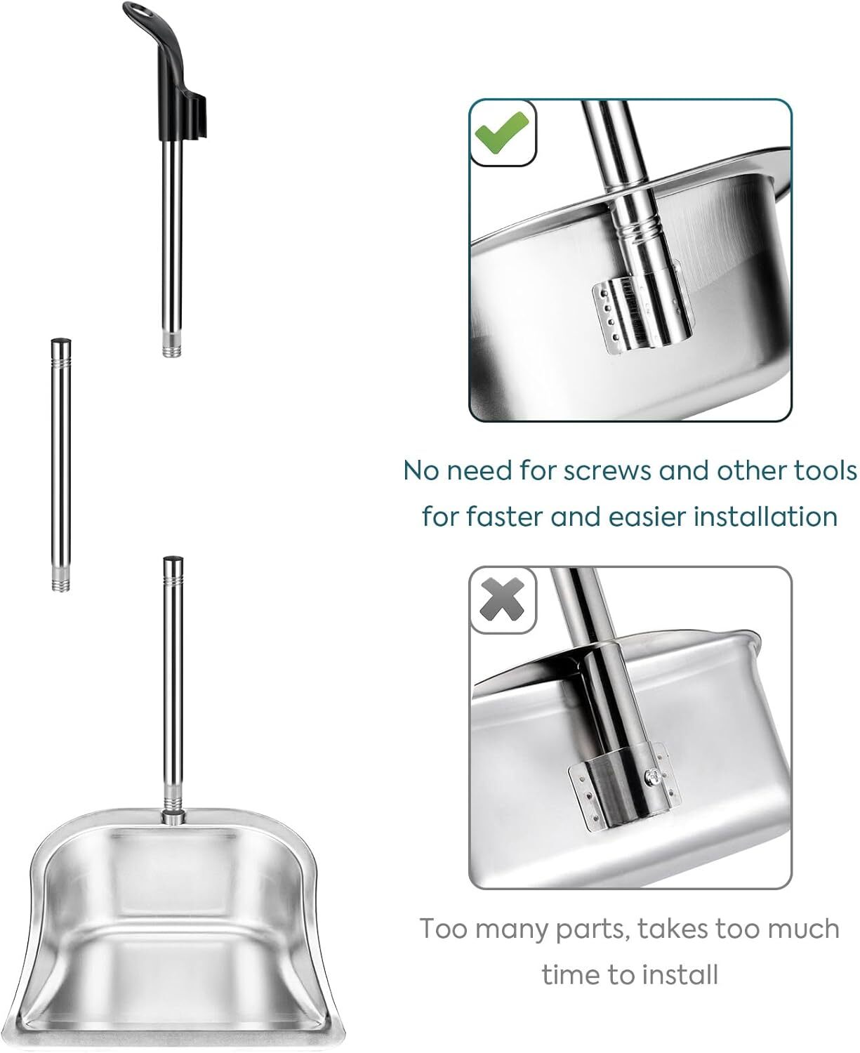 Dust Pans with Long Handle - 35”Heavy Duty Metal Upright Stand up Dustpan - Long