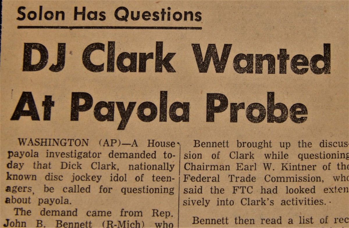 Vintage News Article, "DJ DICK CLARK WANTED AT PAYOLA PROBE", Music Industry