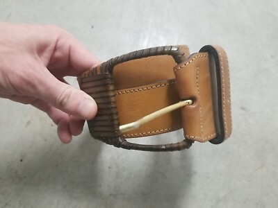 Vintage 90 Axcess Italy Genuine Leather Belt Wide Tapered Brown Sm Boho Buckle Axcess Italy Genuine Leather Brown Belt Woven Oversized  main image 3