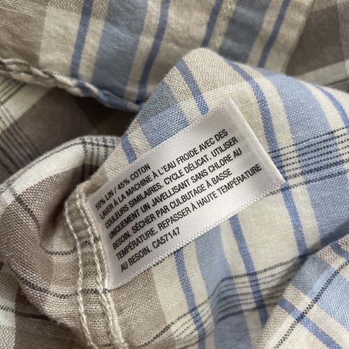 Merona Linen Button Up Shirt Men L Classic Brown Blue Plaid Western Beach 46" - Picture 7 of 20