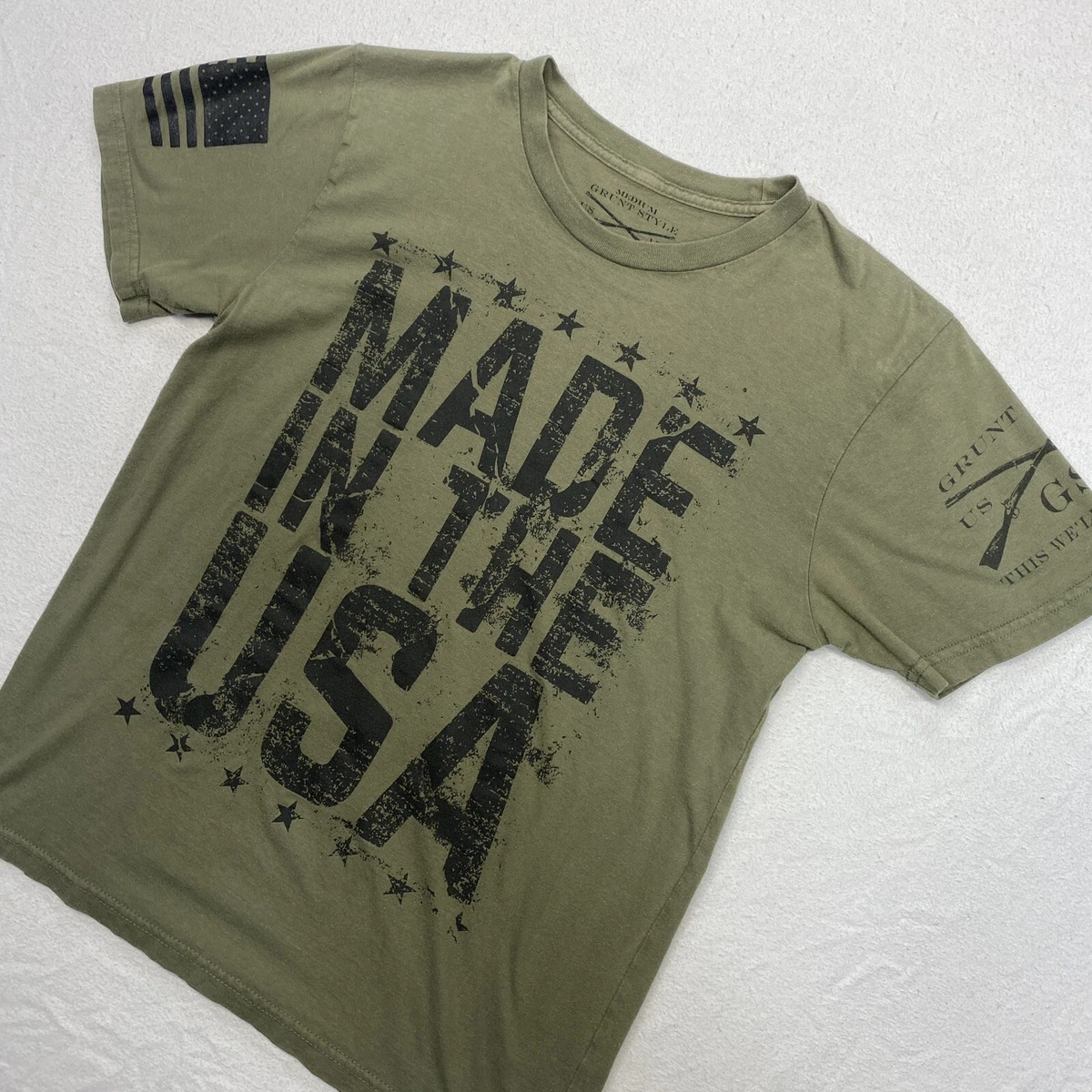 Grunt Style T Shirt Mens Medium Army Green Casual Guns Graphic Made In The  USA