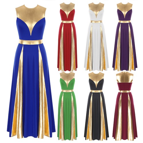 Women Praise Dance Dress Worship Costume Metallic Gold Color Block Church Robe - Picture 3 of 52