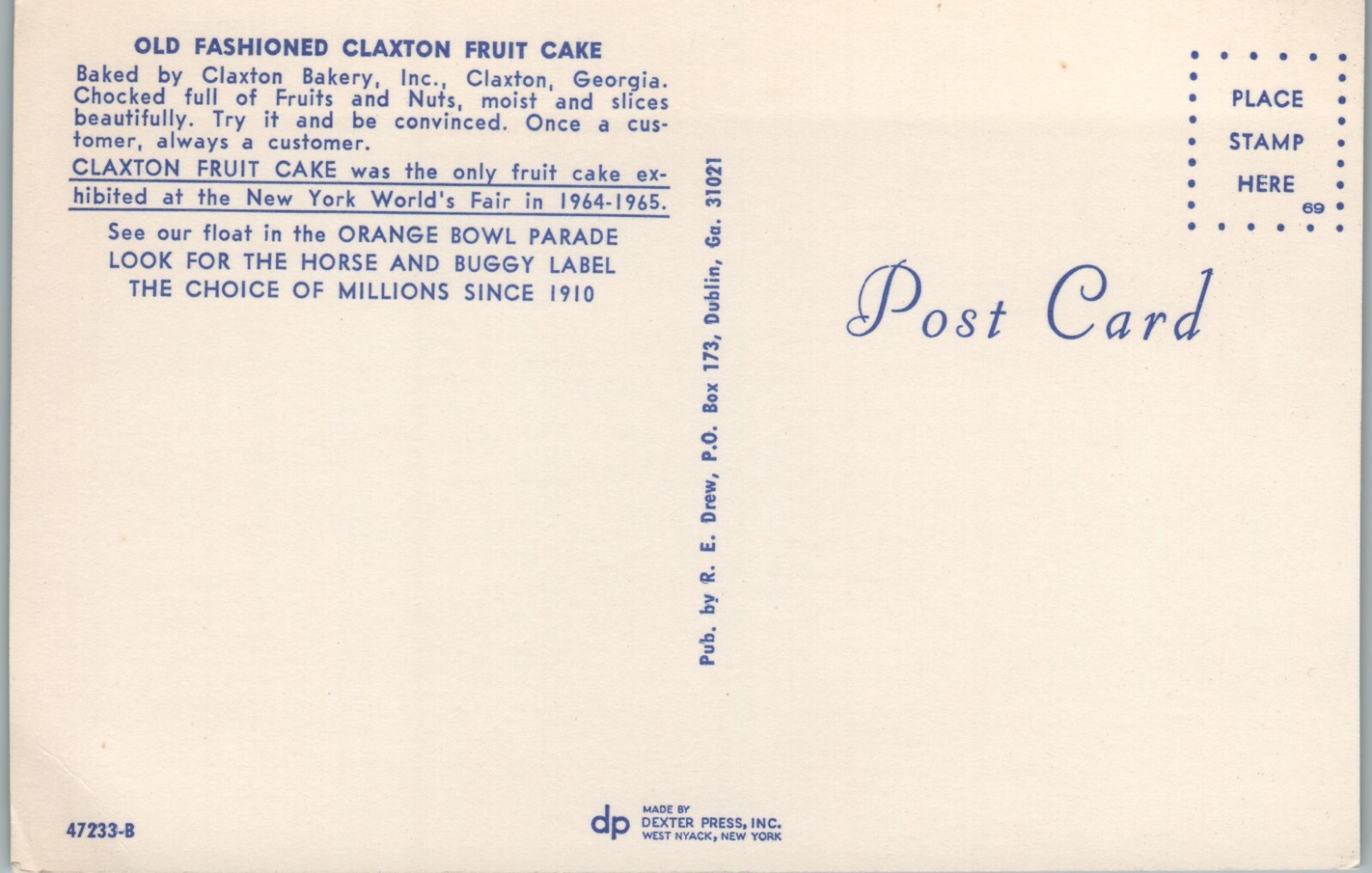 Advertisement World Famous Old Fashioned Claxton Fruit Cake Postcard