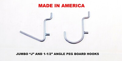 50 each 1 1/2 Angle & J Hook Metal Peg Garage Hanger Hooks -1/8 to 1/4'' Pegboard