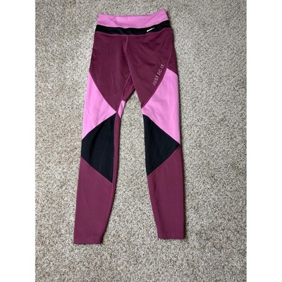 Nike Dri-FIT Womens Colorblock Leggings Burgundy Pink Black XS Just Do It