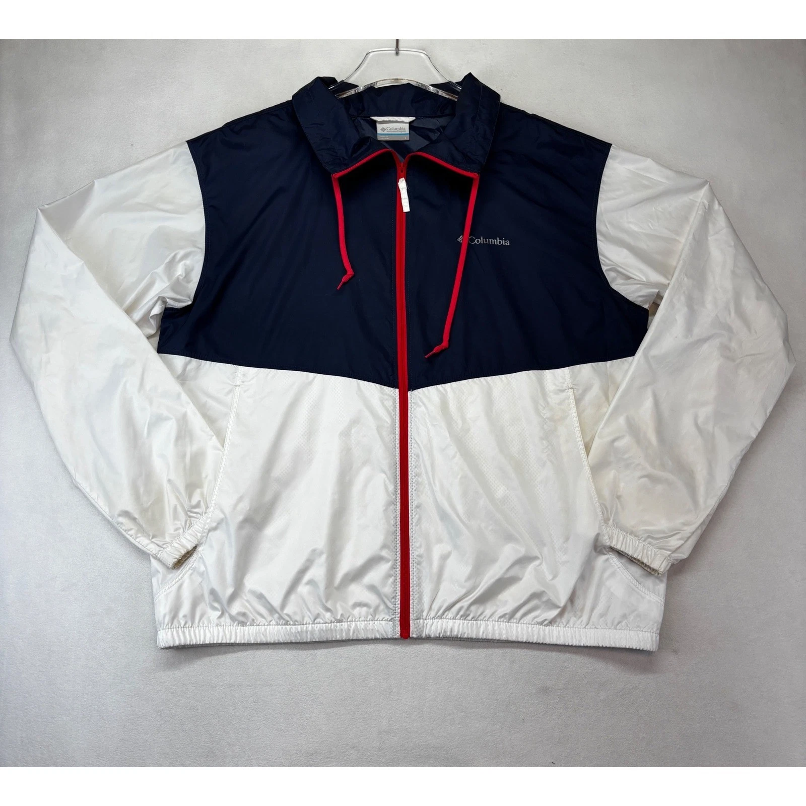 Columbia Windbreaker Jacket Mens Large Navy White Red Colorblock Full Zip