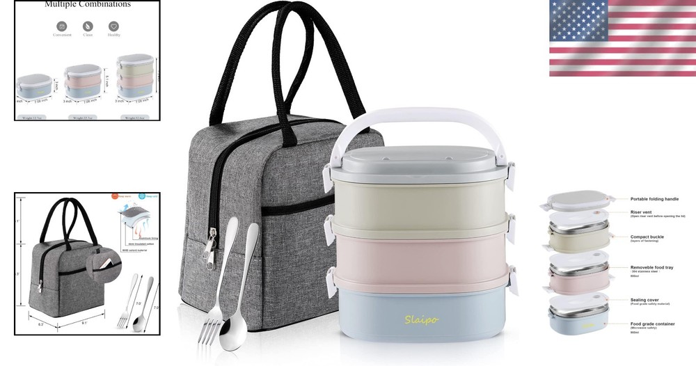 Stackable 3-Compartment Bento Box with Insulated Lunch Bag for Adults
