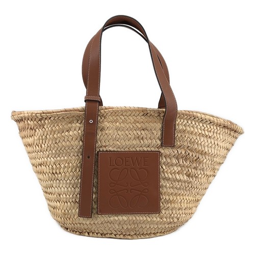 LOEWE Anagram Basket Bag Medium Woven Straw Tote Brown Natural Women's
