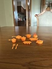 VTG 1970s Barbie Orange Kitchen Accessories Lot Of 14 Pieces Pot Pans And More