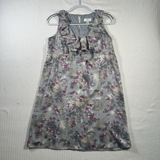 LOFT Women’s Petite 4P Floral Print Ruffle Sleeveless A Line Dress Gray Pink