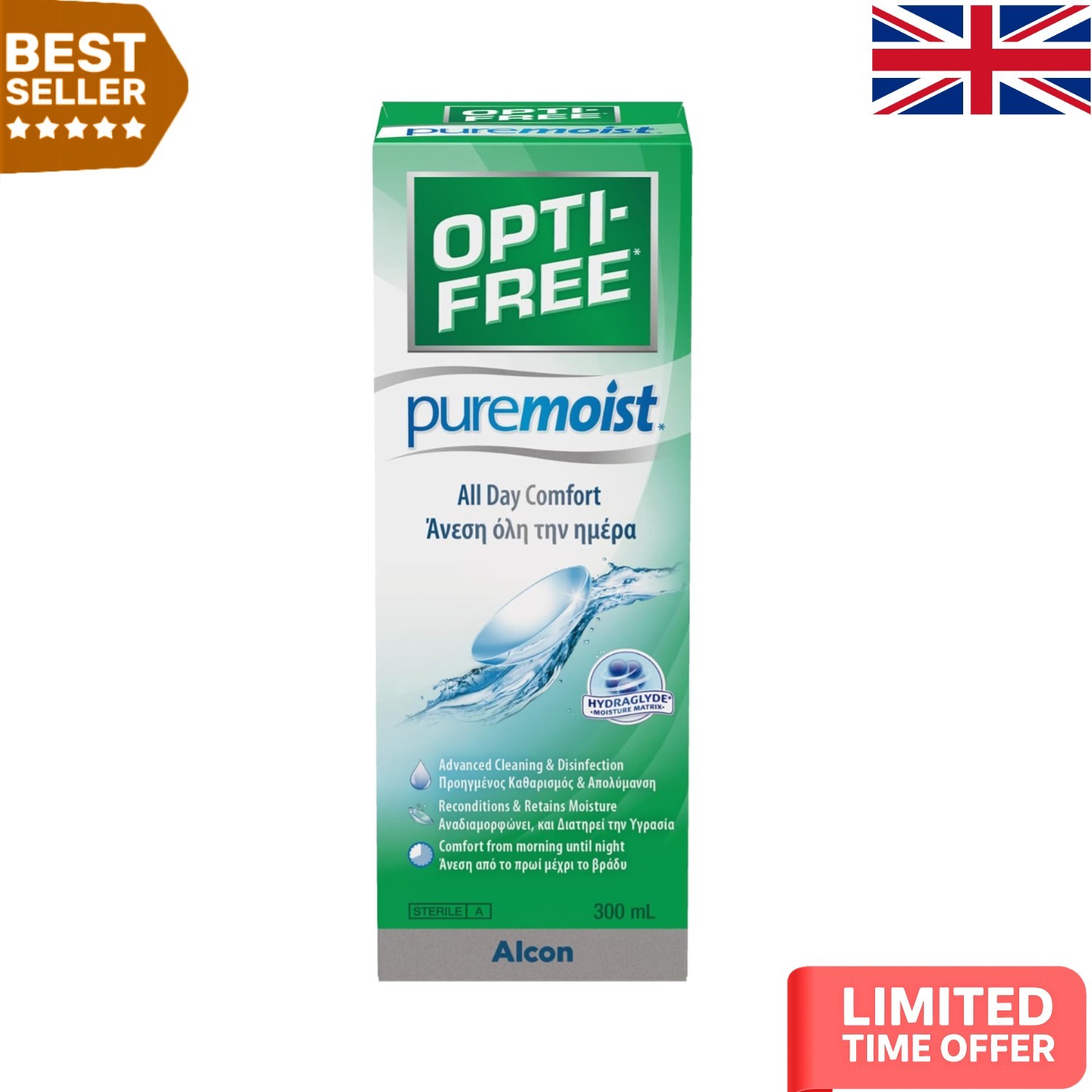 European PureMoist 300ml Contact Lens Solution - Advanced Moisture & Cleanliness
