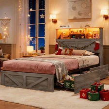 Farmhouse Wooden Bed Frame T/F/Q Size with 4 Storage Drawers & Charging Station