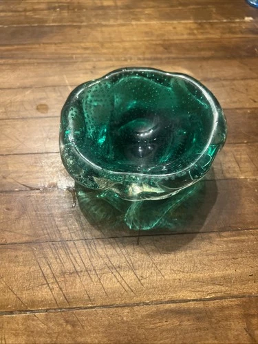 VTG MURANO GREEN GLASS BOWL BULLICANTE CONTROLLED BUBBLES