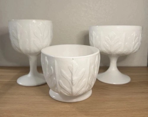 Vintage White Milk Glass Oak Leaf Pedestal Bowl or Candy Dish Set