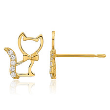 14K Solid Yellow Gold Kitten Cat CZ Tail Stud Earrings