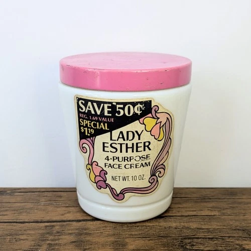 Vintage - 1970s Lady Esther 4 Purpose Face Cream, Empty 10oz Milk Glass Jar
