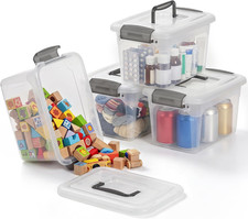 4 Packs 6 QT Storage Bins with Lids Clear Plastic Bins with Grey Handle Stackabl