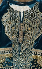 Khaadi Velvet Kurta in Teal Green with Golden Embroidery and Embellishments