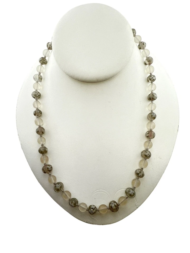 Vintage Agate Stone Beaded Necklace Gray White Round Natural Gemstone Jewelry - Image 2 of 4