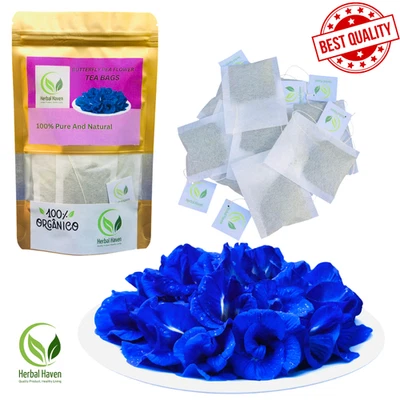 Premium Butterfly Pea Flower Tea Bags 100% Natural & Pure Herbal Blue Tea Drink