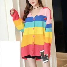 Rainbow Stripe Applique Heart & Boring V-Neck Long Sleeve Knit Cardigan Sweater