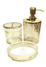 3 PC SET GLASS W GOLD METAL FRAME EXTERIOR SOAP DISH DISPENSER & TOOTHB. HOLD