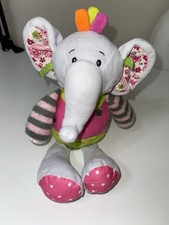 Colourful Plush Elephant Toy Soft Sensory Rattle Pink Grey Stripe 13.5 inch