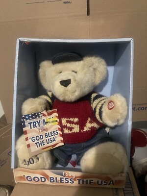 Vintage USA God Bless America Singing Plush Bear 2003 Plush USA Sweater Dan Dee