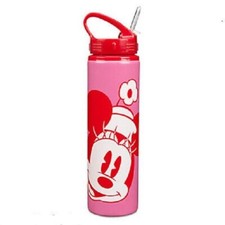Disney Store Water Bottle Stainless Steel Drink Straw Minnie Mouse Pink Red New