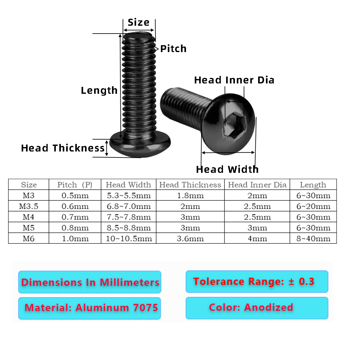 M3 M6 Aluminum Dome Head Socket Button Screws Hex Allen Bolts