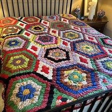 Vintage Grandmothers Flower Garden Quilt Twin Red Blue Multiple Colors Handmade
