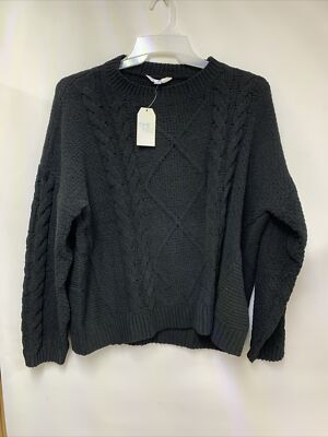 TIME & TRU CABLEKNIT MATTE CHENILLE Black SWEATER XL New