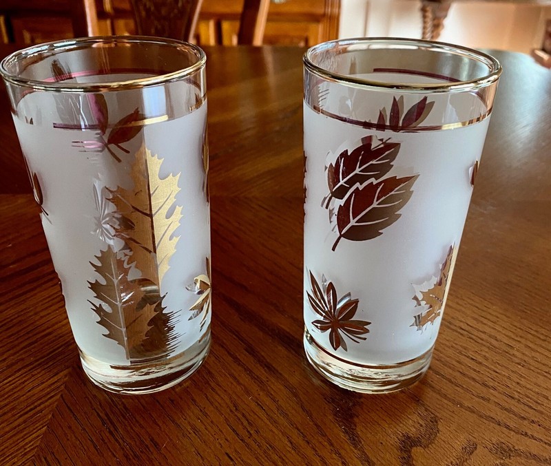 TWO Vintage MCM Libby  frosted tea/water glasses with gold leaves 1950's