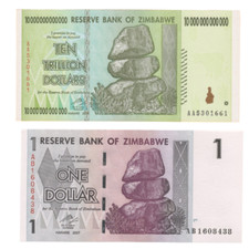 A Set Of 2 Pcs: Zimbabwe 10 Trillion And OneDollar banknotes. Genuine, UNC AA