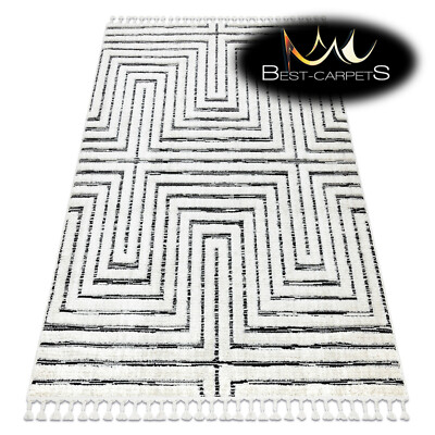 Toller moderner Teppich ''SEVILLA'' Struktur Labyrinth Fransen WEISS GRAU hochwertig