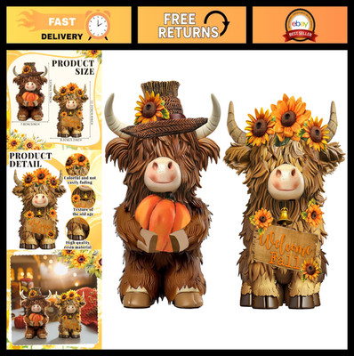 2 Pack Autumn Highland Cow Figurines - Fall Table Decor with Pumpkin & Flowers,