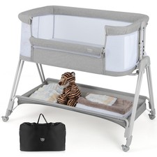 Baby Bedside Sleeper Bassinet Bed Folding Portable Adjustable Crib w/ Storage
