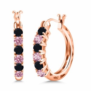 Authentic 18K Rose Gold Plated Silver Onyx and Pink Lab Grown Diamond Hoop Earrings for