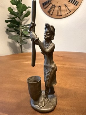 African BronzeFigurine Woman Pounding Millet