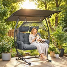 Double Hanging Egg Chair, 2 Seat Egg Swing Chair with Canopy, Dark Grey