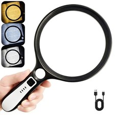 Large 10X Magnifying Glass with Light, 5.1" Lens, 13 LEDs, Rechargeable, 3 Color