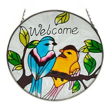 Stained Glass 2 Birds On A Branch Window Sun Catcher With Metal Chain Welcome