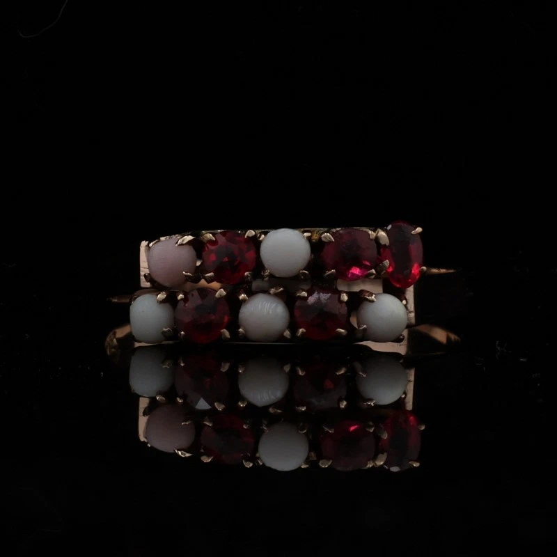 Yellow Gold Garnet/Glass Doublet Pearl Victorian Bypass Band - 10k Antique Ring - Image 3 of 4