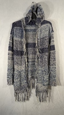 American Eagle Poncho Wrap Cardigan Fringe XS Blue Beige Knitted Long Open Warm