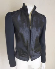 WORTH NEW YORK  P Jacket Bomber Black Cowhide Cowhair Fur Ribbed Knit Zip