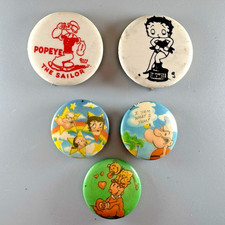 Vtg Lot 5 POPEYE BETTY BOOP Pinback Button Pin LISA FRANK Olive Eugene Jeep