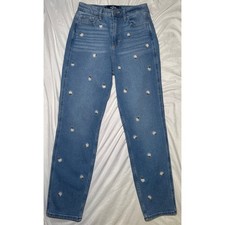 Floral Embroidered Ultra High-Rise Mom Jeans Hollister Womens 1R W25 L27 Blue