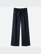 Uniqlo Pants M Linen Cotton Blend Navy High Rise Tie Belt 