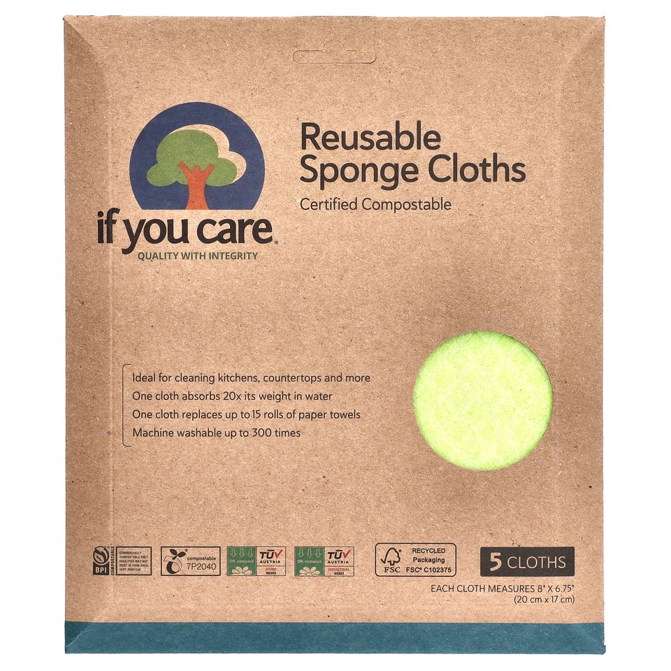 Reusable Sponge Cloths, 5 Cloths, 8" x 6.75" (20 cm x 17 cm) Each