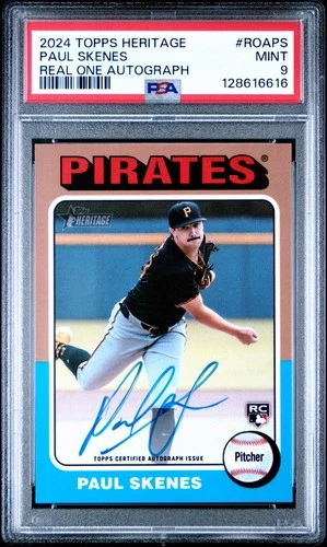 PAUL SKENES 2024 TOPPS HERITAGE REAL ONE ROOKIE PIRATES RC On Card AUTO PSA 9